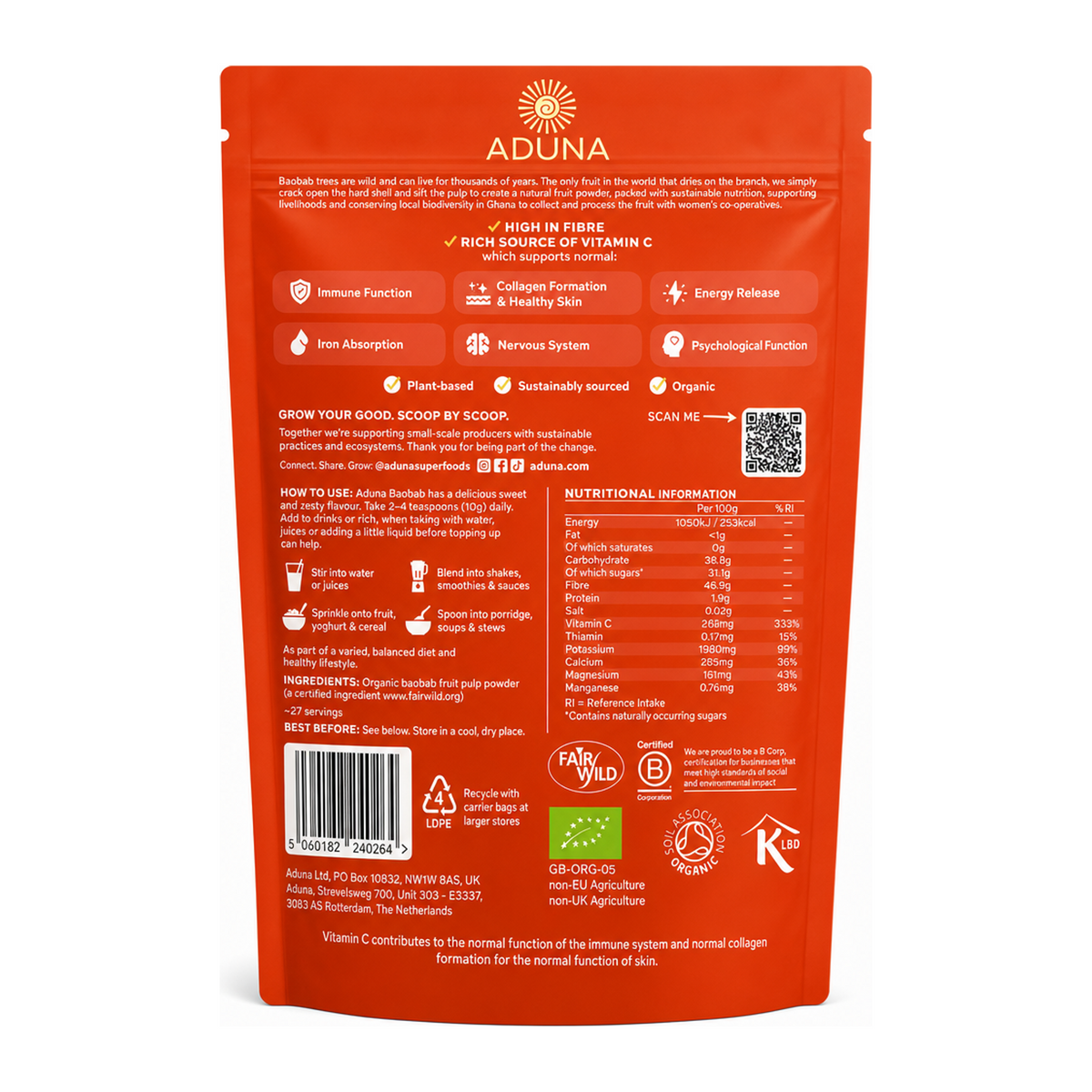 Aduna Baobab Superfruit Powder — back view showing ingredients and product details, studio product photo on white background