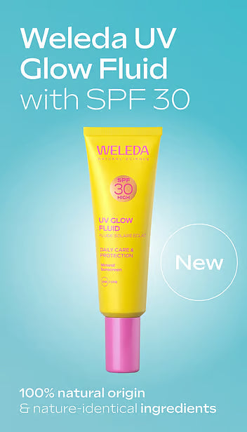 Weleda UV Glow Fluid SPF 30 sunscreen in a bright yellow squeeze tube with a pink cap, set against a light blue gradient background with promotional text.